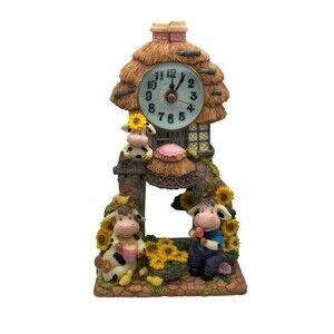 Vintage Country Cow Family Figurine Clock Resin Yellow Flowers 9.5 in Quartz New
